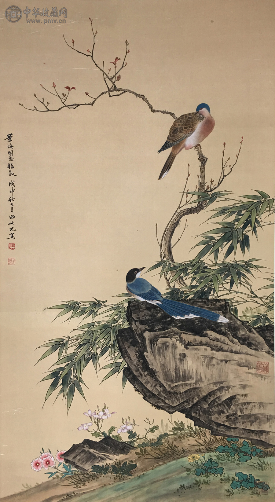 田世光（1916-1999） 工笔花鸟 (绢本)  68.5x125cm