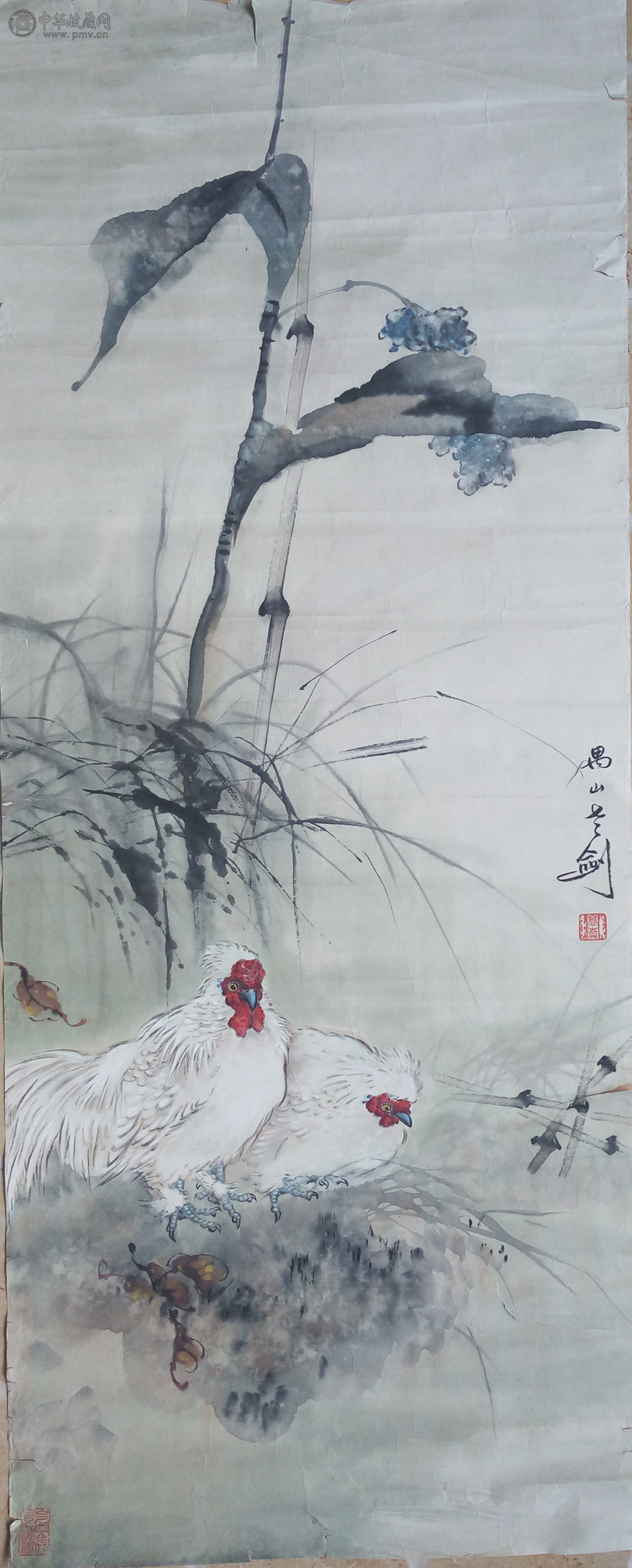 高剑父《双鸡图》42x115cm