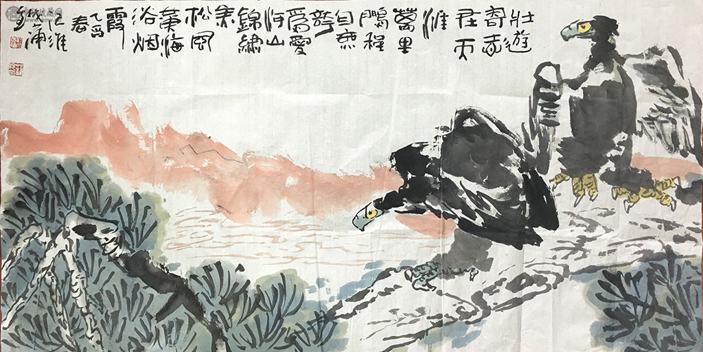 铁蒲《双鹰图》68x136cm