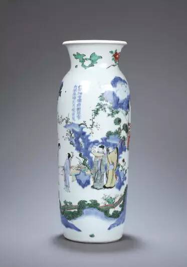 清顺治 五彩题诗西厢记筒瓶.jpg