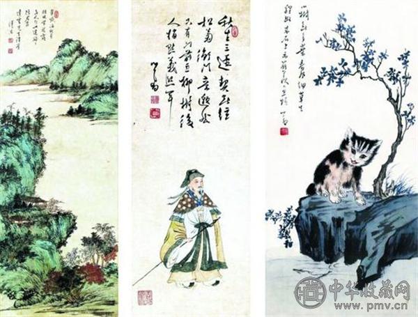 溥心畬 霞林翠巘（左）、五柳先生像（中）、狸奴羨魚（右）.jpg