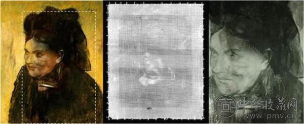 （左）可见光下的《妇人肖像》，框内区域用X射线荧光光谱法进行分析，（中）X射线下的《妇人肖像》局部，（右）红外成像下的《妇人肖像》局部，虚线标记出隐藏肖像的轮廓（图片来自《自然》周刊网站）.jpg