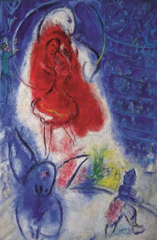 马克·夏加尔（Marc Chagall）《马戏团-女骑手》 　　款识：画家签名 Marc Chagall 　　并纪年1957（右下） 　　油彩画布 　　150.8 x 99.7 公分