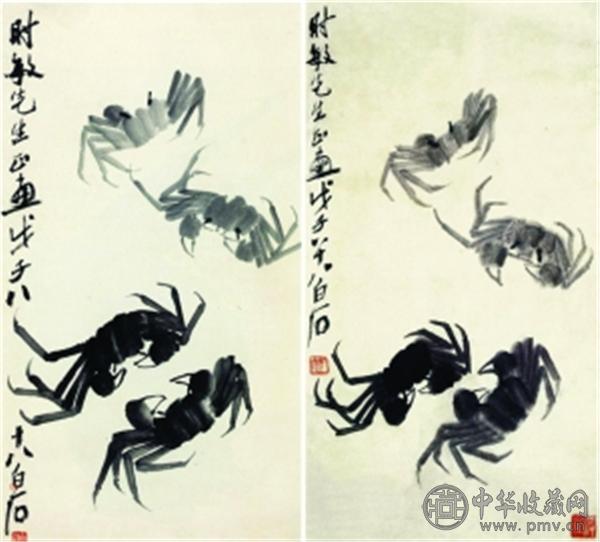 左：蟹（伪作） 右：齐白石《蟹》 收录于《齐白石画集》.jpg