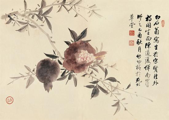 启功 山水花卉册（ 之八） 1945年作 设色纸本 29.5×41.8 cm 款识 白石翁写生于宋贤法外独开生面，陈道复、恽南田皆师之。乙酉秋月，启功橅于苑北草堂。 钤印 启功长寿、元白居士、元白、苑北草堂
