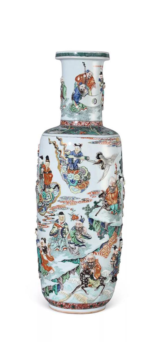 清康熙 五彩加金凸雕群仙庆寿图大棒槌瓶 　　H 76.5 cm