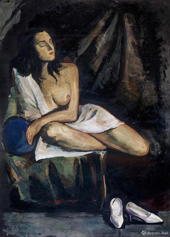 No.6 常玉《双裸女、盘腿裸女（双面画）》1940年代 墨、油彩纤维板 57×68cm