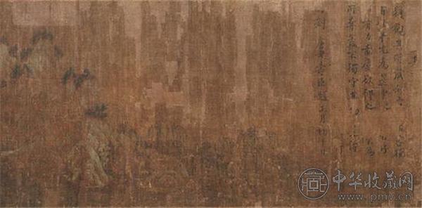 传王维《著色山水图》（局部）画面破损度相对较高，包括图中右侧“刘唐老”题诗在内的很多留存信息的真伪遭到了质疑.jpg