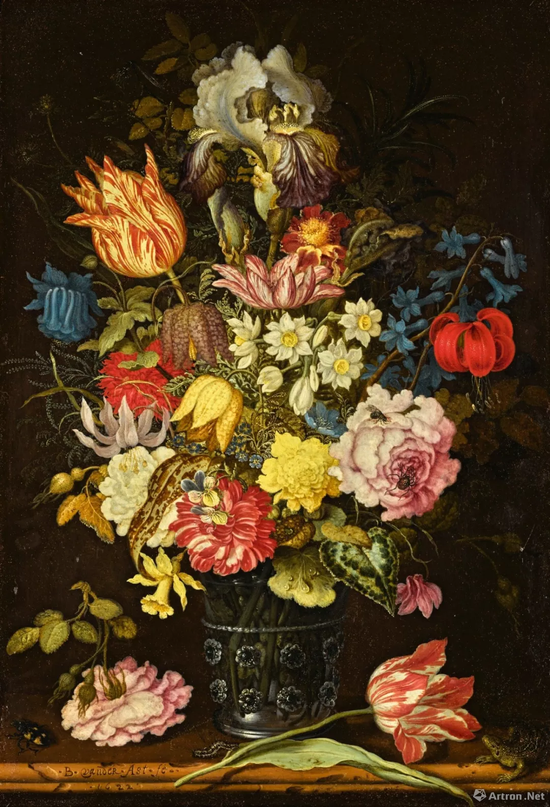 威廉·凡·迪姆收藏 巴尔萨泽·凡·德·阿斯特 （Balthasar van der Ast）《静物：石架上玻璃酒杯内的花卉、昆虫与蜥蜴》油彩铜版画 37.4x26cm 成交价：73万英镑