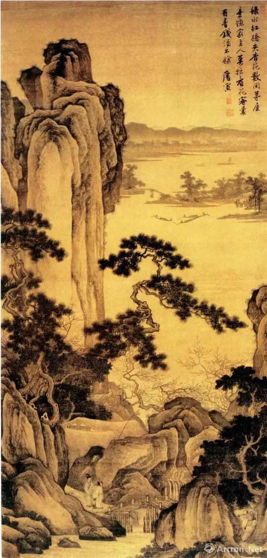 《杏花茅屋图》绢本，设色，纵147.8厘米，横73.2厘米。上海博物馆藏