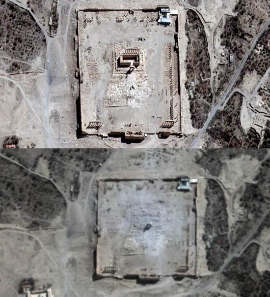2015年8月，帕尔米拉古城贝尔神庙，炸毁前后对比。图片来源：视觉中国