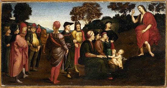 拉斐尔·桑西 意大利 施洗者圣约翰布道 28×53.5cm 布面油画 1505-1509年