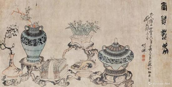 清代  竹禅《富贵寿老图》 横幅  设色纸本  175×89厘米