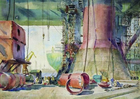 哈定，《船厂》，水彩，42.5X61cm，1982年