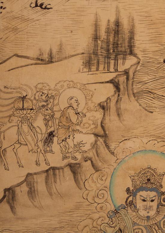 榆林窟第三窟西壁南侧《普贤变》中的唐僧取经图（复制品）谢继胜拍摄