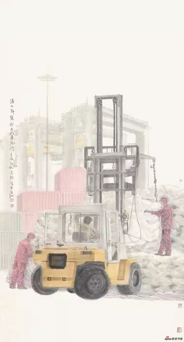 《港口卸货的工人兄弟们》 180cm×96cm 古 强 江苏省中国画学会常务理事