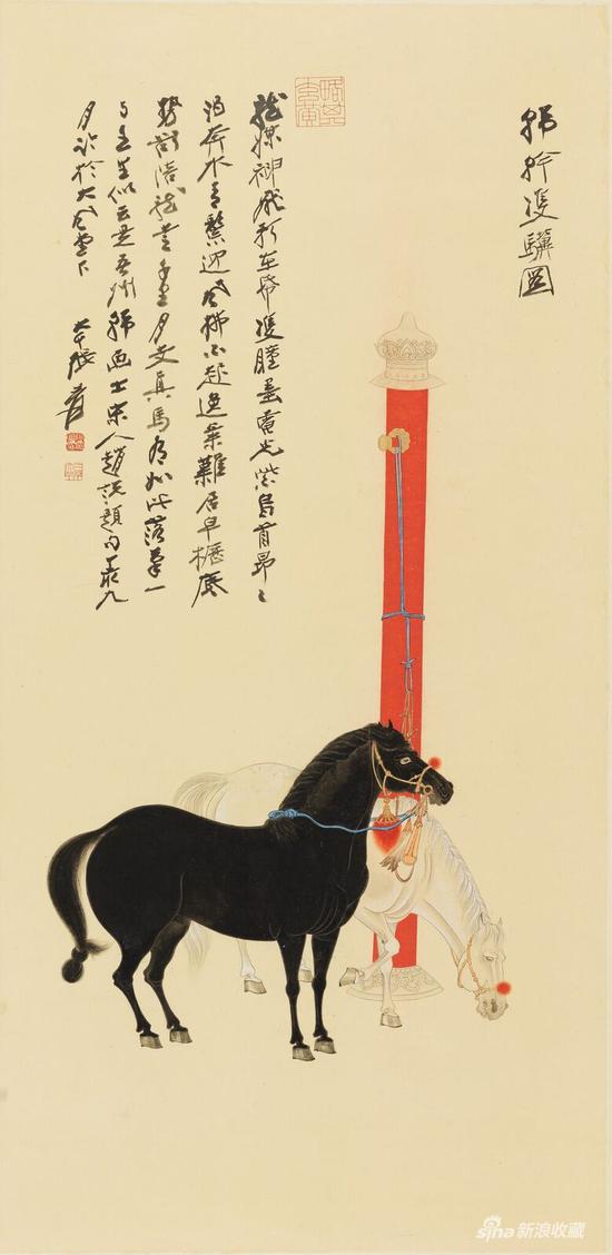 张大千(1899–1983) 《韩干双骥图》 立轴 设色纸本 丁亥(1947 年)作 130 × 63.5 厘米 估价:HK$ 12,000,000–16,000,000