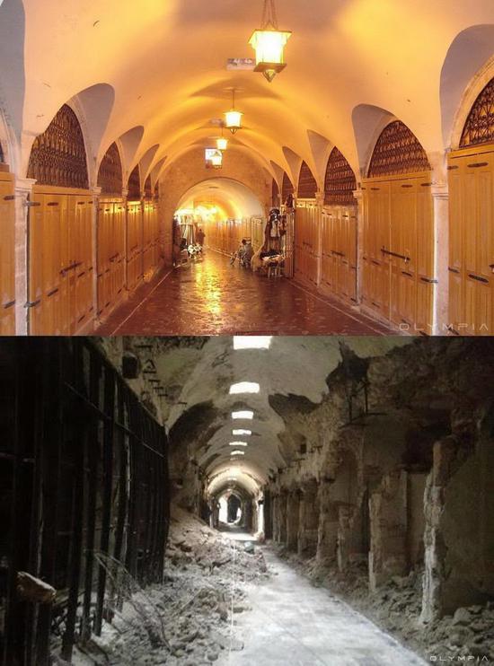 阿勒颇城内设施战前与战后对比图/图自澎湃新闻