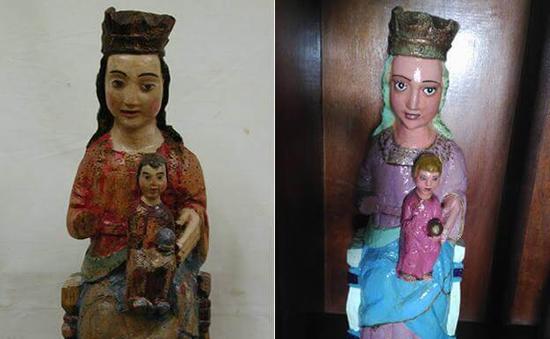 修复前以及修复后的圣母玛利亚及婴儿耶稣雕像。图/取自El Comercio。