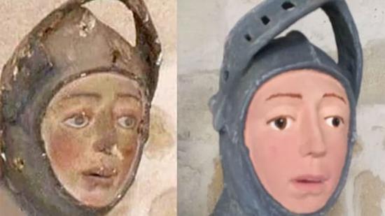 修复前以及修复后的圣乔治雕像脸部。