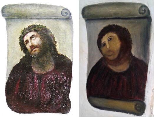 修复前以及修复后的基督壁画《Ecce Homo》。图/取自《卫报》。
