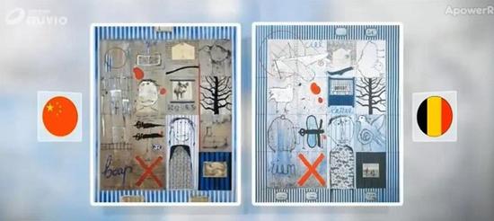 比利时媒体RTBF的报道 左：叶永青的作品 右：比利时艺术家西尔万的作品