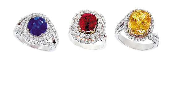 3.38克拉蓝宝石、3.10克拉红宝石、8.22克拉天然黄色蓝宝石戒指，一组三枚均未经热处理，2013年北京保利拍卖成交17.25万元