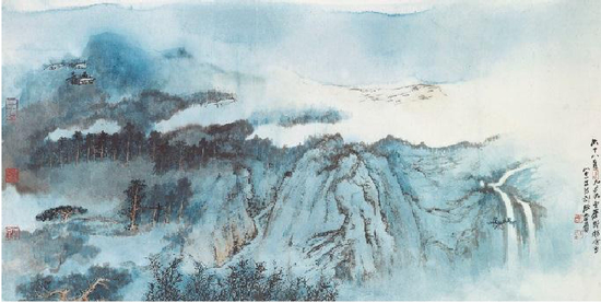《云海群峰》 水墨 设色 纸本 镜框 68.8 x 136.5厘米