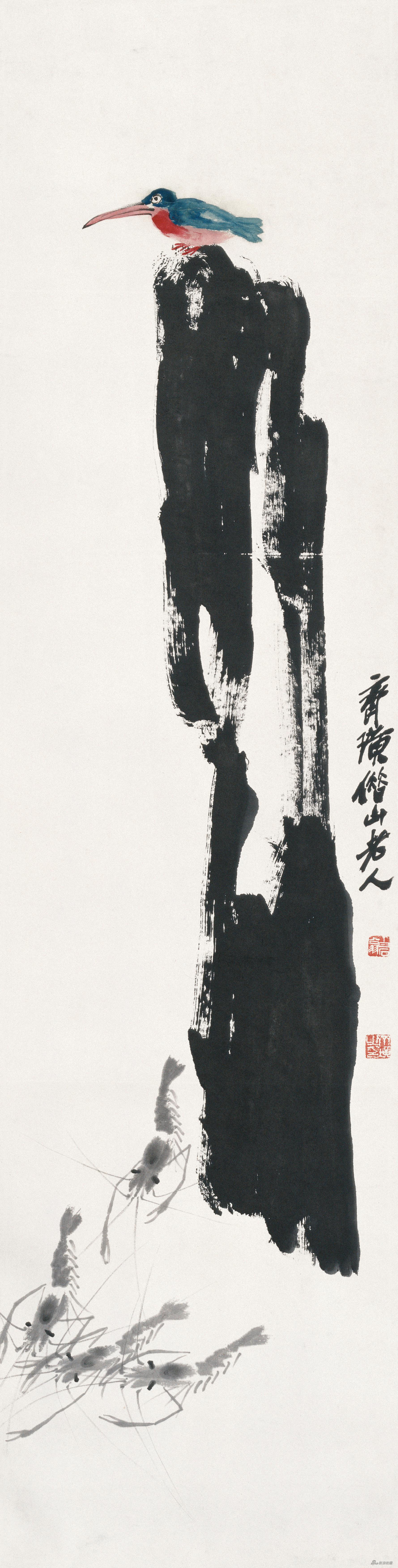 翠鸟大虾 齐白石 133cm×33.5cm 无年款 纸本设色 北京画院藏