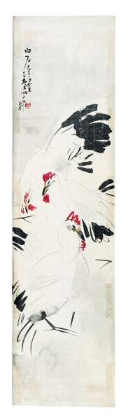 林风眠《鸡图》，1931年，166.5×44cm，北京画院藏