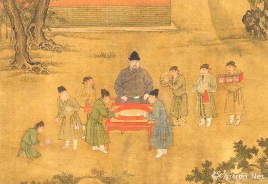 明人绘宣德帝斗鹌鹑图轴