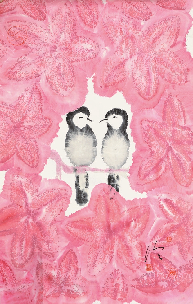 陈家冷 红叶花鸟 镜心