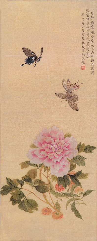 谈月色 花蝶图 纸轴