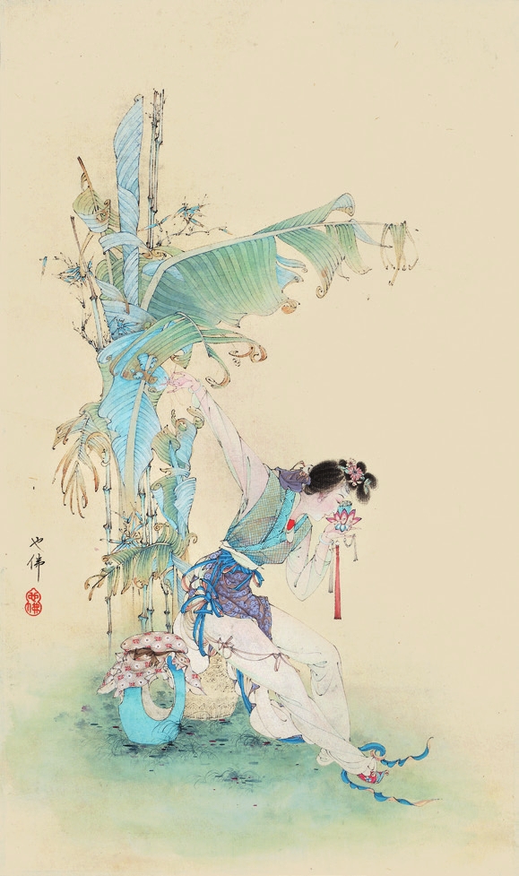 胡也佛 仕女 纸轴