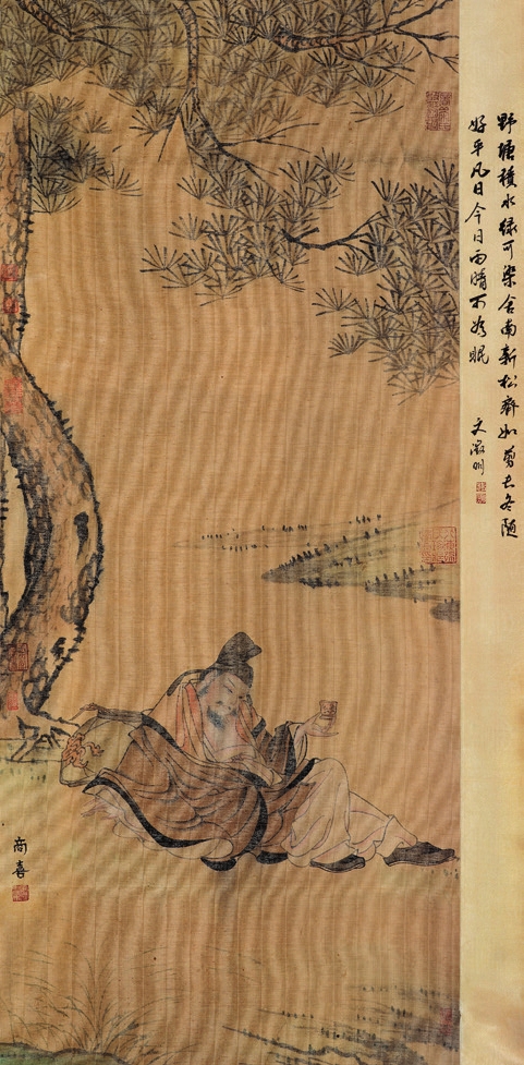 商喜 松下醉卧图 绢轴