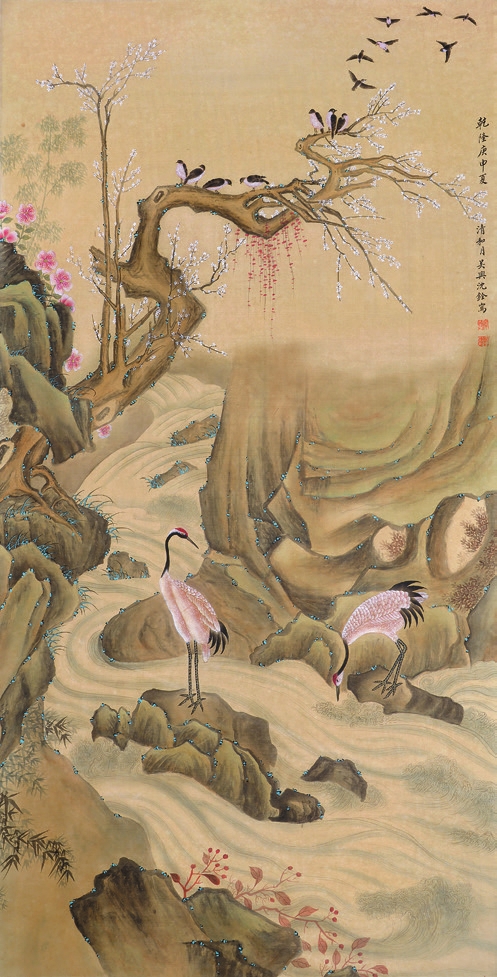 沈铨 双鹤 绢轴