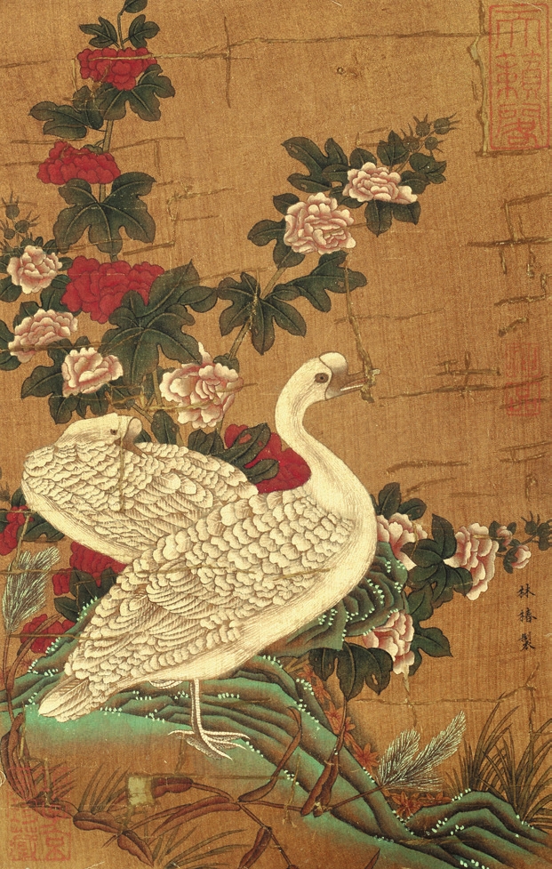 林椿 双鹅图 绢片