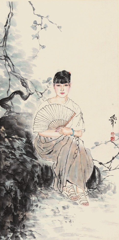 何家英 执扇少女 纸轴
尺寸：98×50cm
