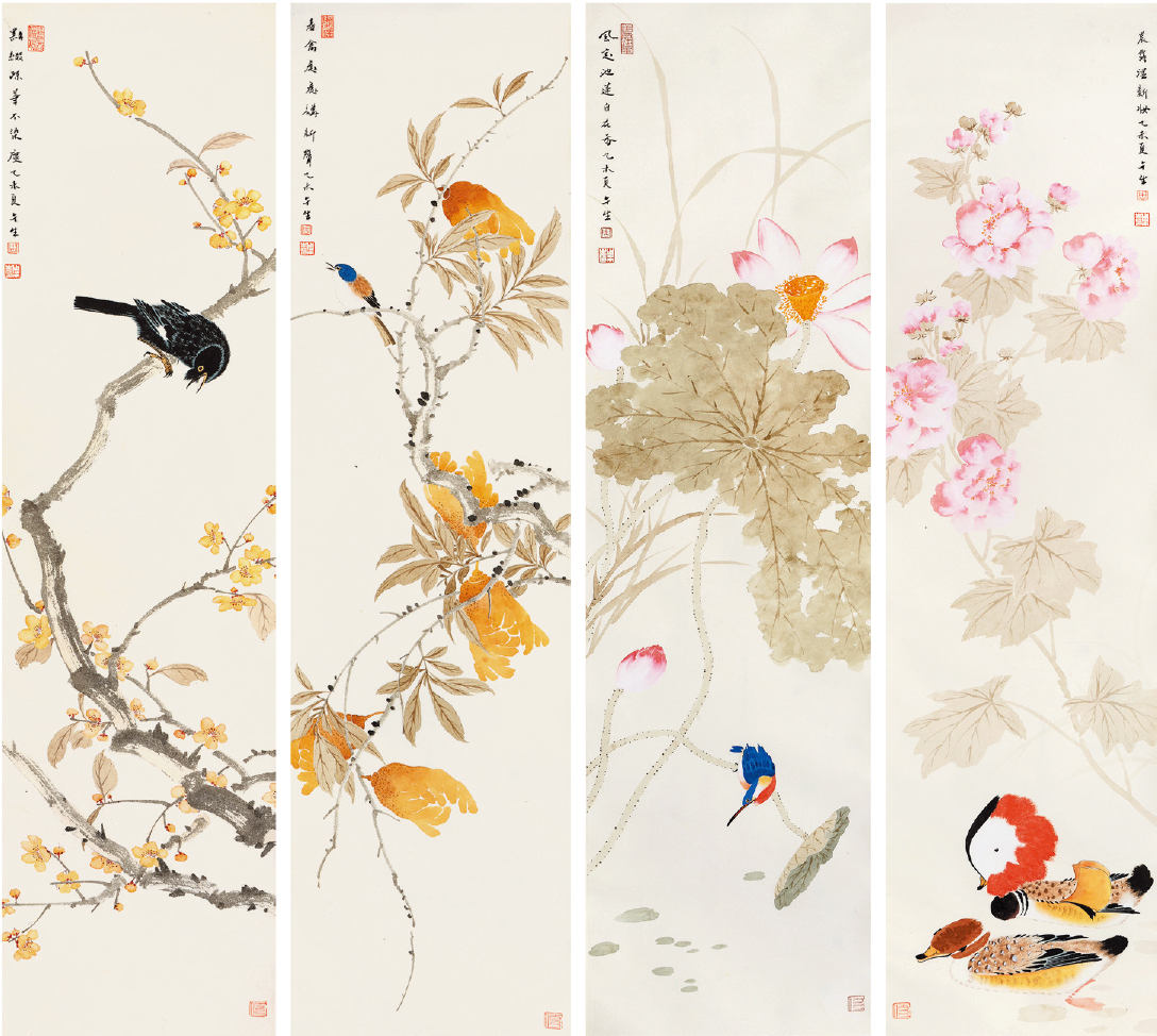 周午生 花鸟四屏 纸轴