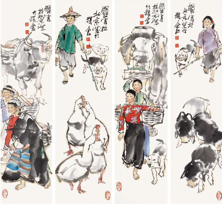 史国良 人物四屏 纸轴