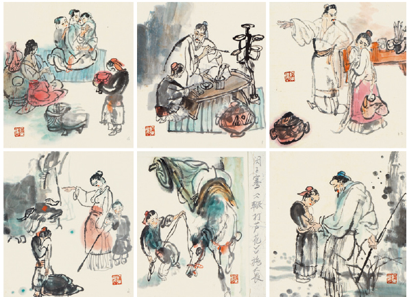 施大畏《闵子骞鞭打芦花》连环画画稿一组15帧