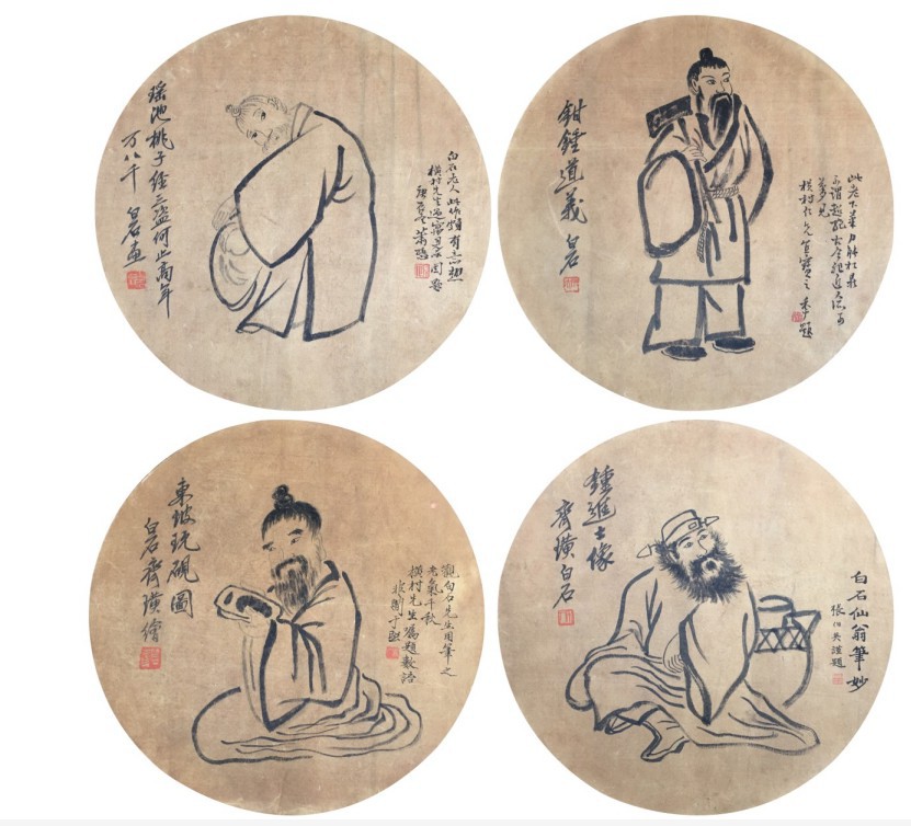 齐白石  人物团扇4件  