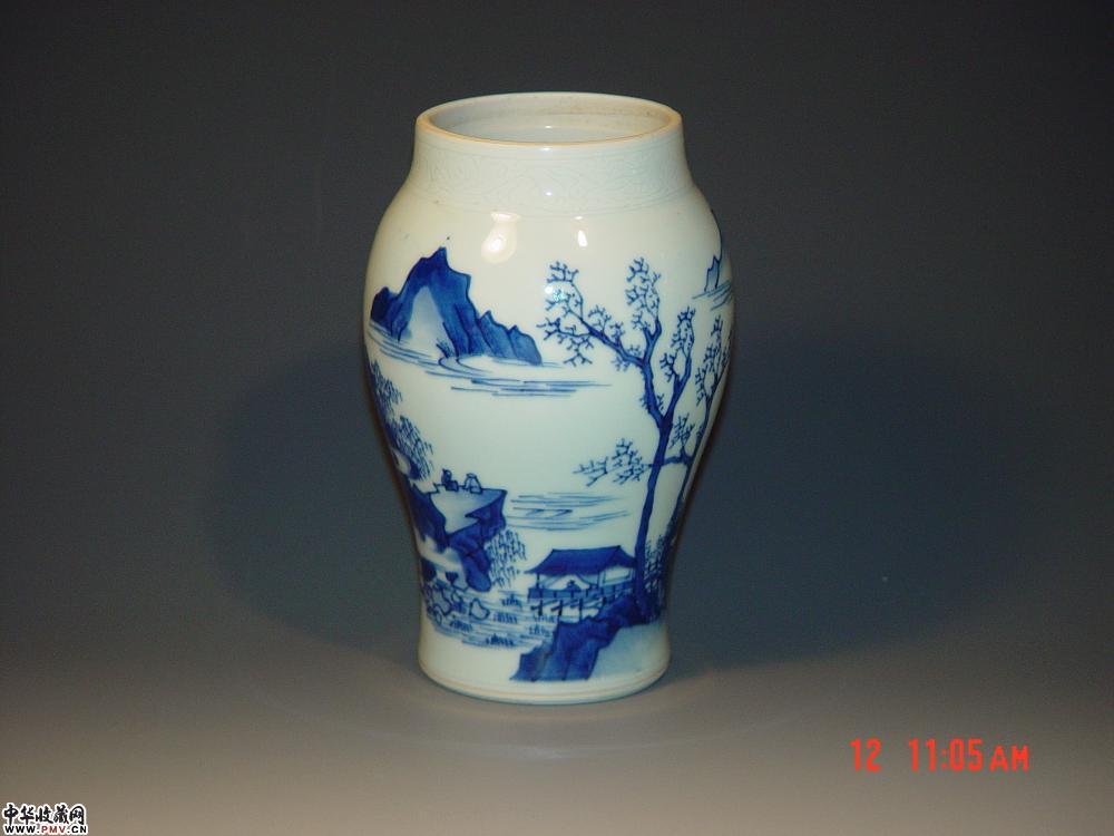 明崇祯青花山水莲子罐