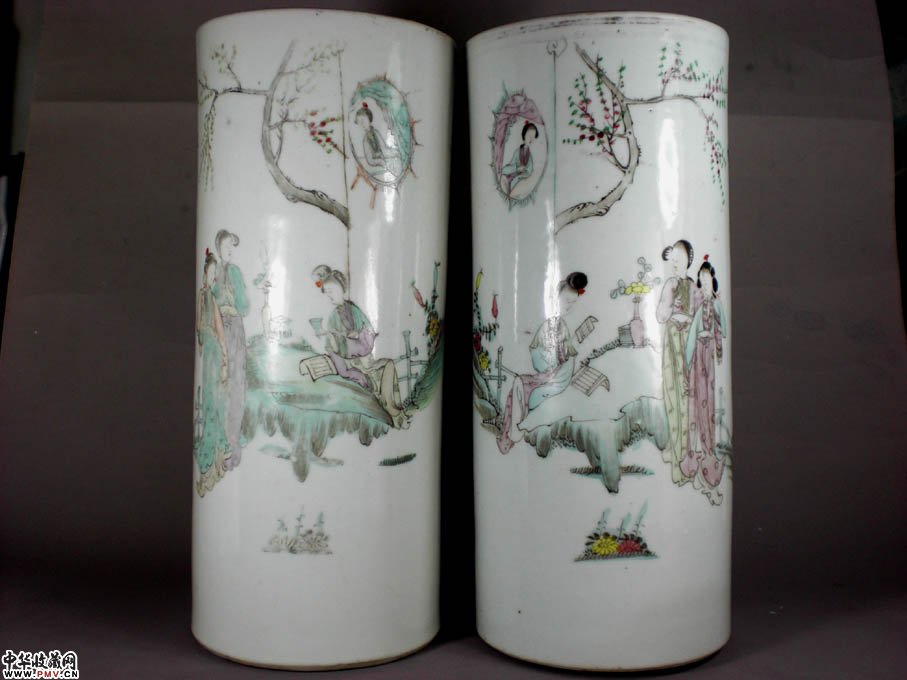 民国粉彩人物帽筒（一对）