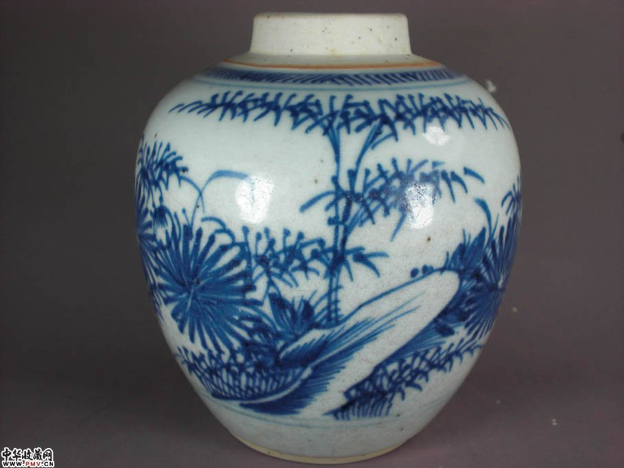 雍正青花竹菊纹苹果罐