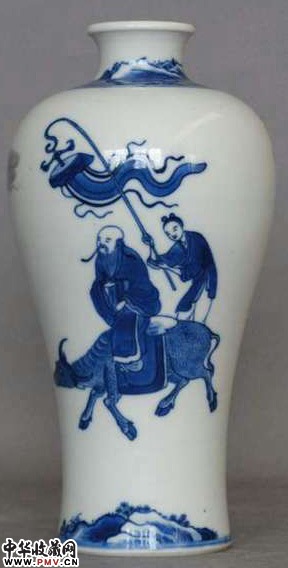 康熙青花老子出关纹梅瓶 成化六字款 康熙青花老子出关纹梅瓶 成化六字款