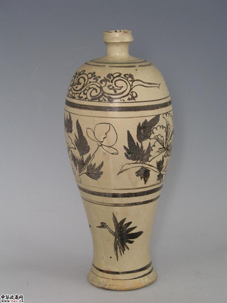 北宋磁州窑白釉黑花花鸟纹梅瓶
