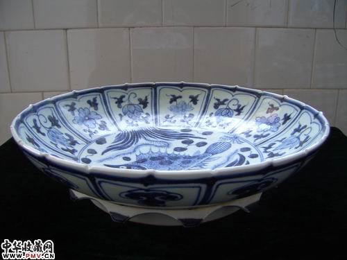 元 青花鱼藻花卉菱口盆