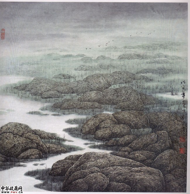 晨滩鸟影