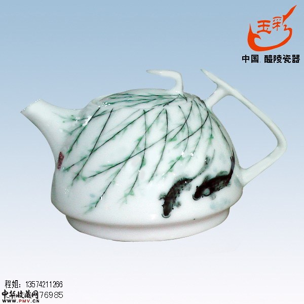 茶壶新品3-作品柳雨鱼乐茶壶正面,醴陵釉下五彩茶壶作品